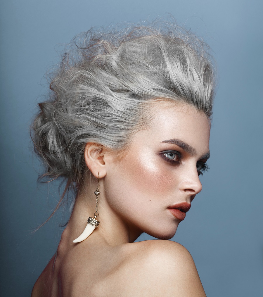 grey hair updo for women with round faces