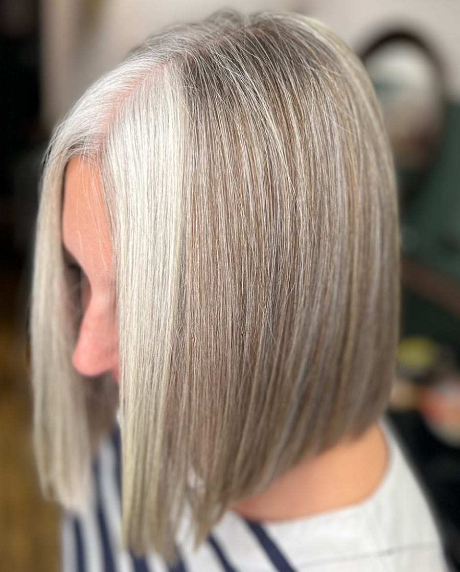 gray hair with face framing blonde highlights