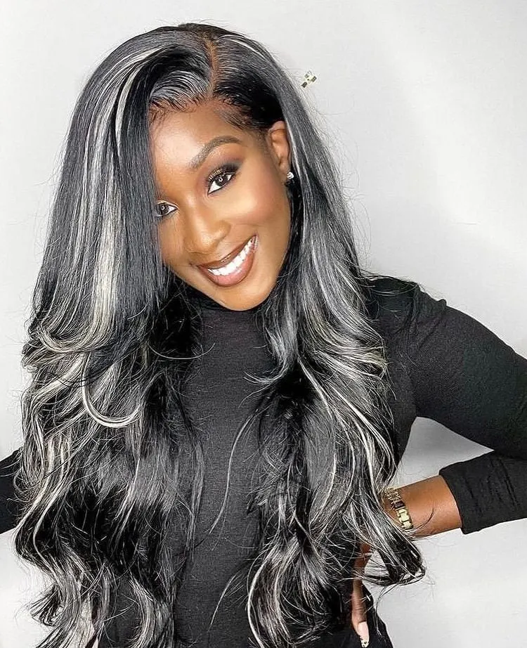 Long Straight Black Hair with Blonde Highlights Lace Front Wigs   hairbysam017