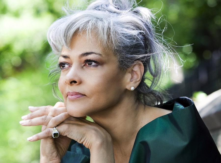 grey updo with bangs for black women over 50