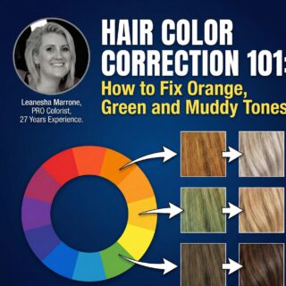 Alternative text: Expert hairstylist demonstrating color correction techniques for muddy, orange, and green hair tones.