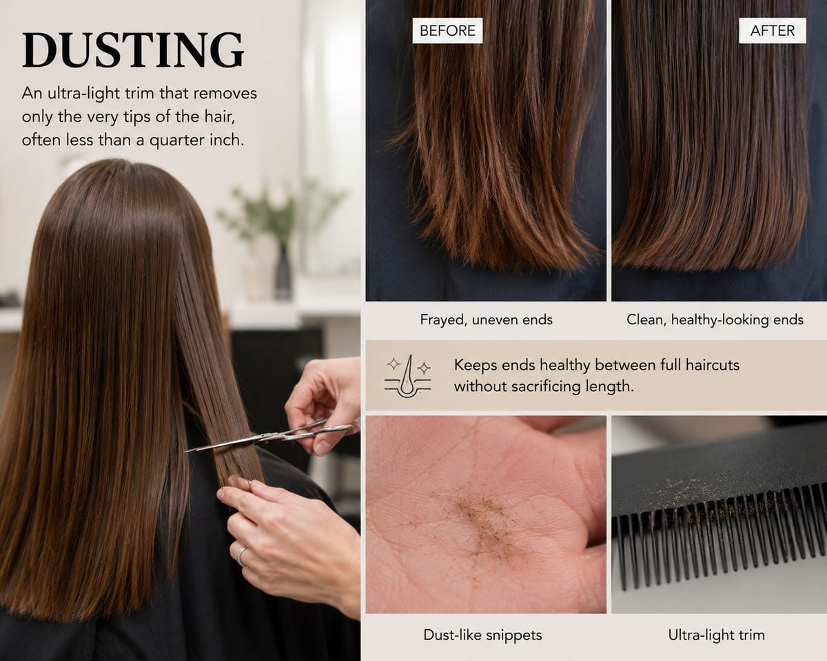 Hair dusting, an ultra-light trim removing only the frayed tips, shown before and after