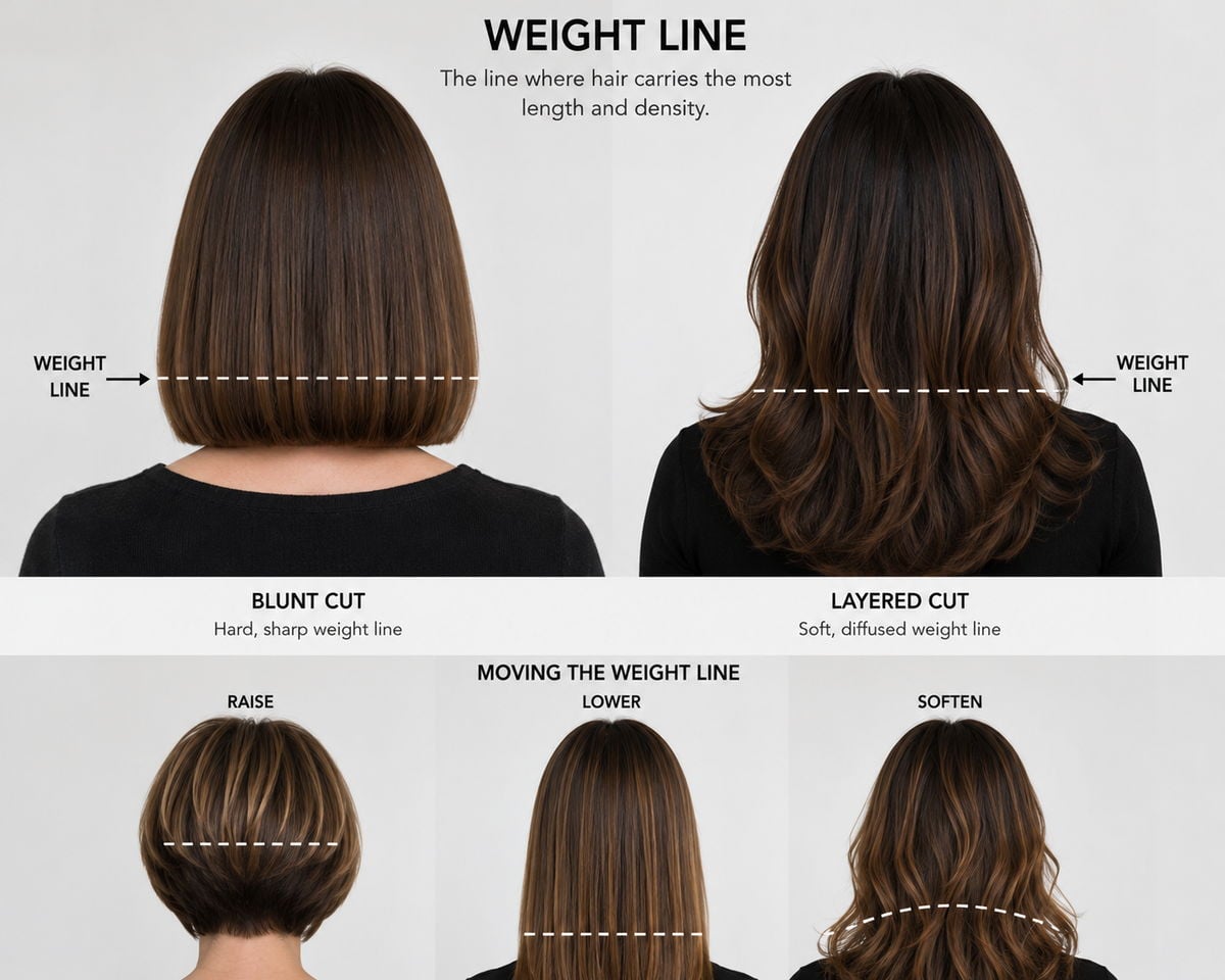 Weight line comparison showing a hard sharp line on a blunt cut and a soft diffused line on a layered cut