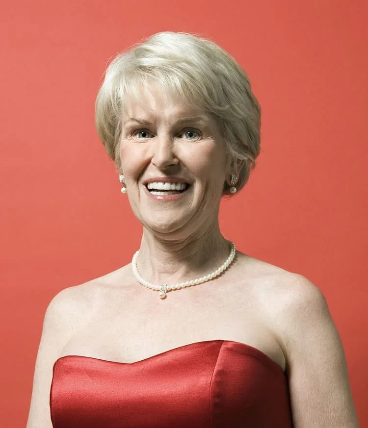 older women hairstyle with strapless dress