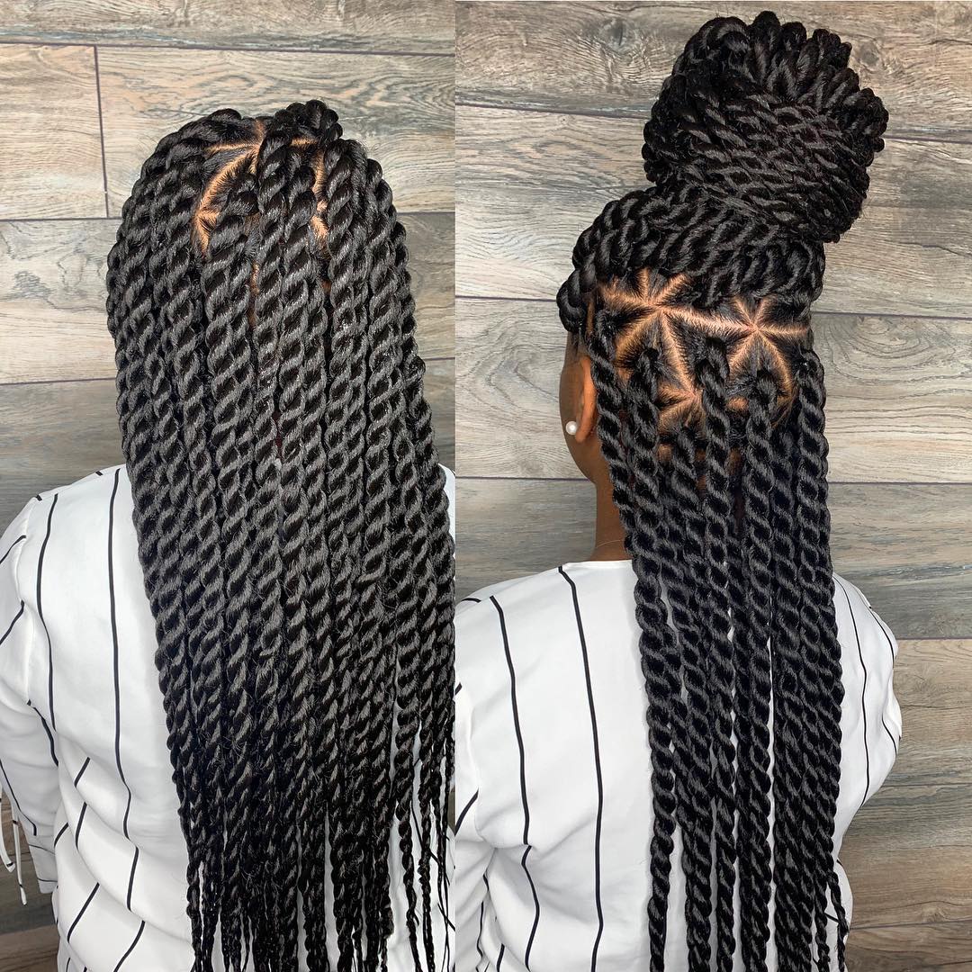 half up Havana twist high bun with triangle parts