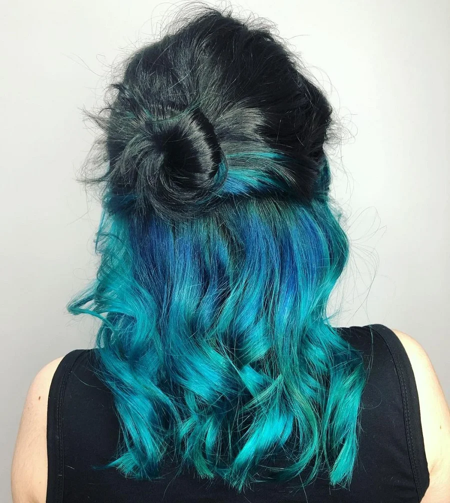 half up black hair with pastel blue underneath
