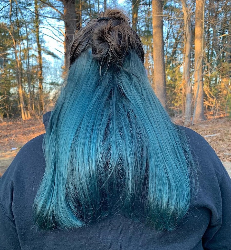 half up black updo with blue underneath