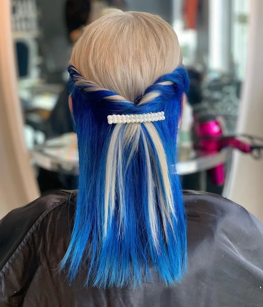half up blonde hair with blue underneath