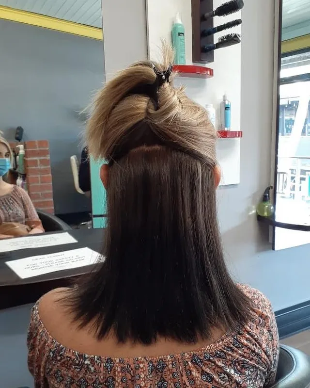 half up blonde hair with brown underneath