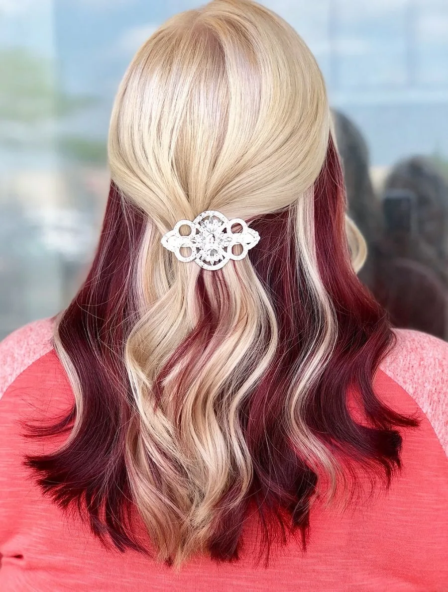 half up blonde hair with maroon red underneath