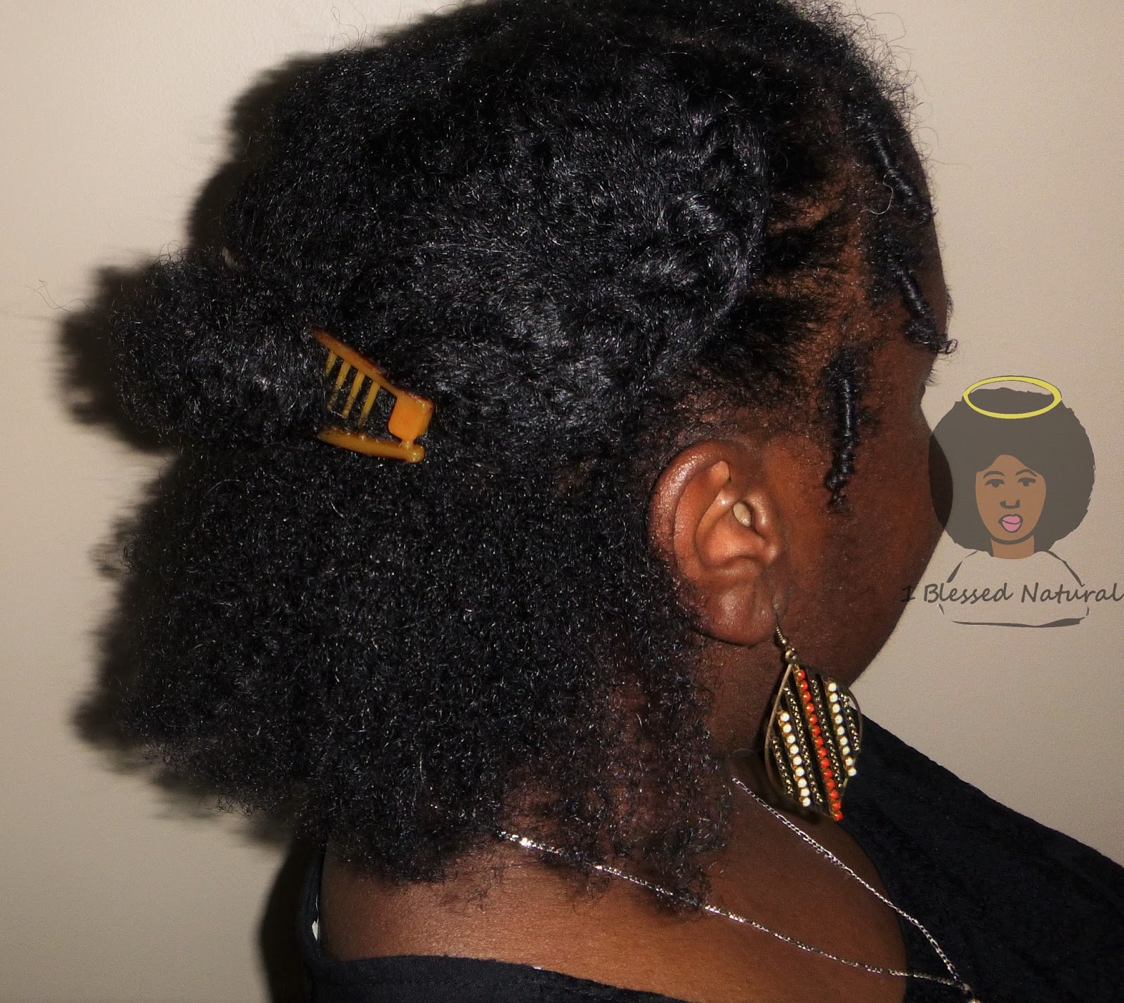 French-braided sides held by a banana clip above loose coily hair.