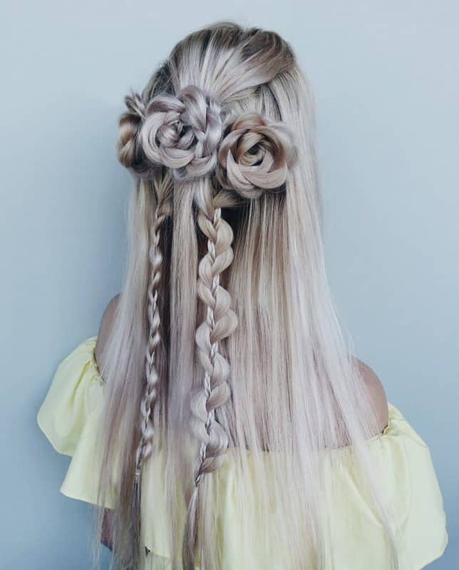 half up half down braided hairstyle with silver hair