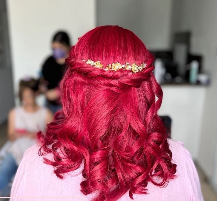 half up half down pink hair for bridesmaids
