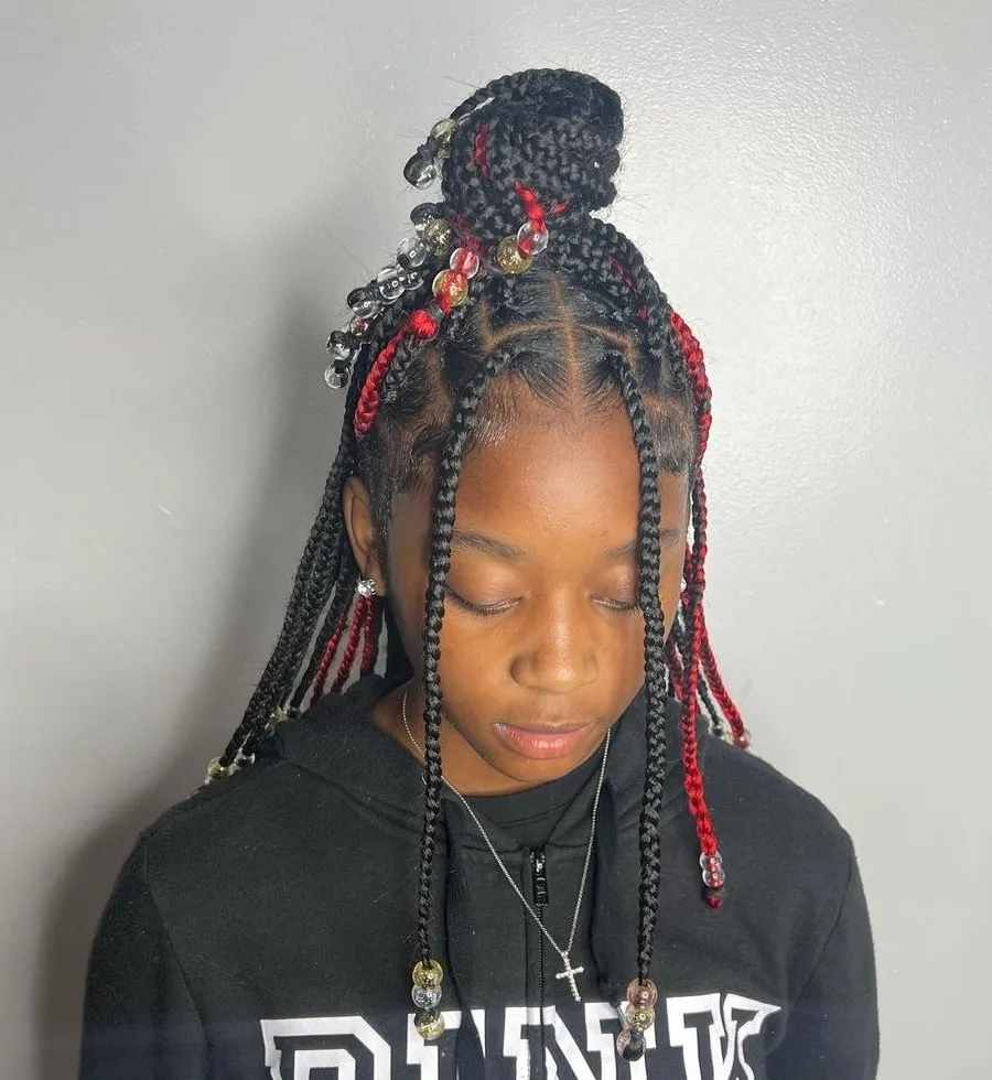 half up short knotless braids with beads