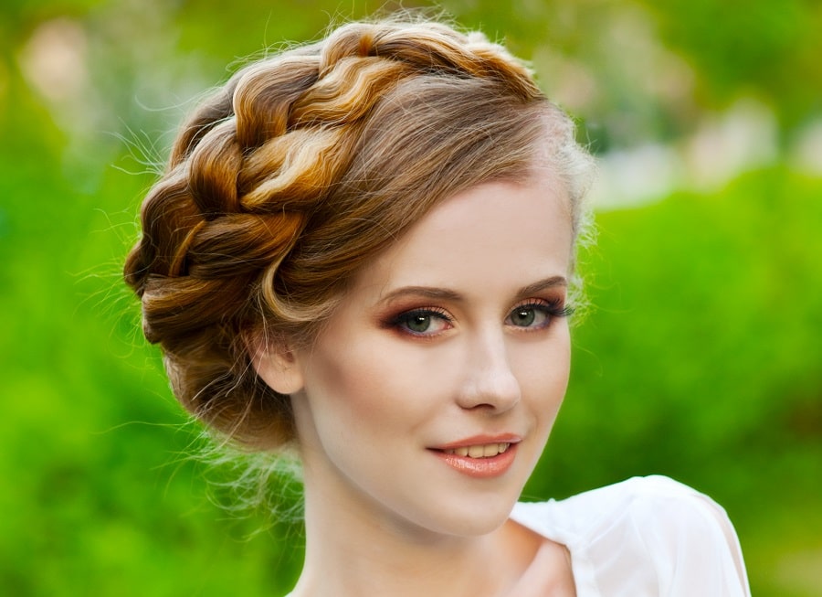 Halo braid hairstyle for a big forehead