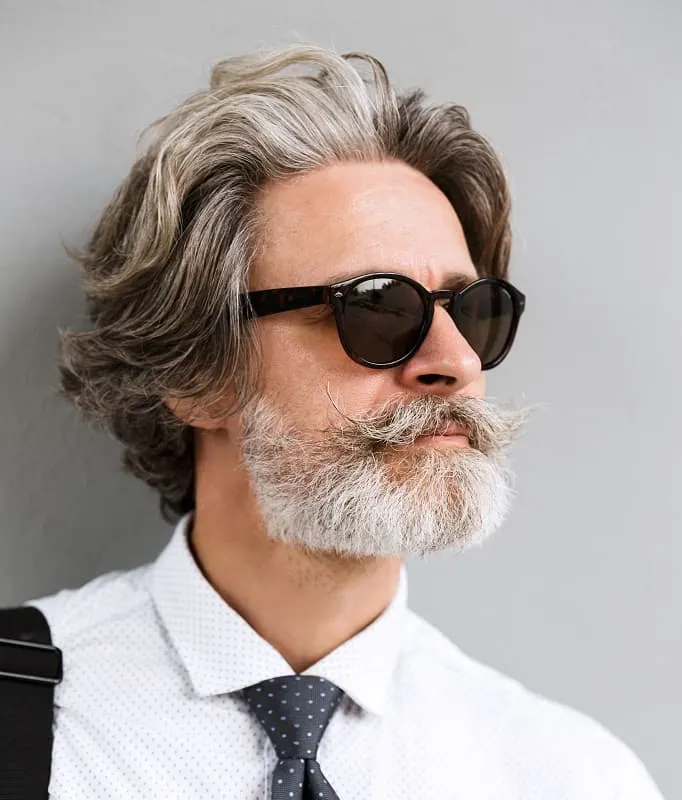 handlebar mustache with grey beard