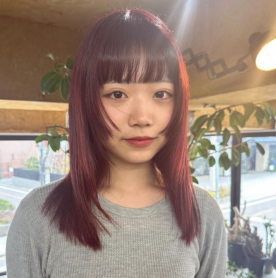 hime cut with dark red hair