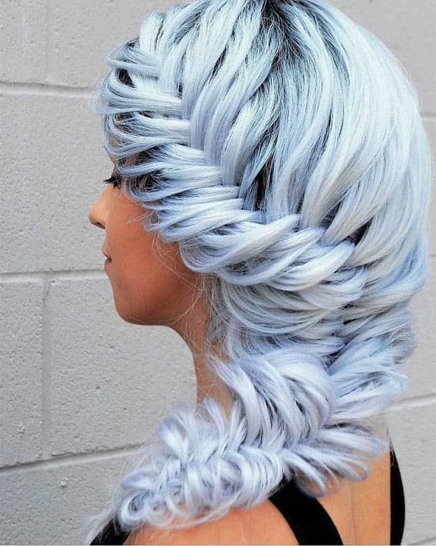 fishtail braid on ice blue hair
