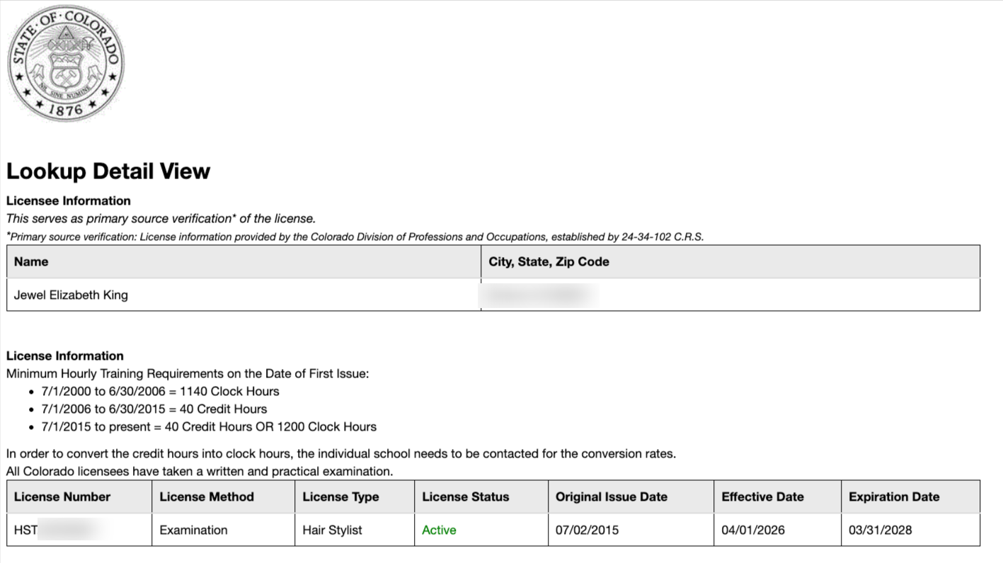 Colorado Division of Professions and Occupations license lookup for Jewel Elizabeth King, hair stylist, status Active, expires March 31, 2028
