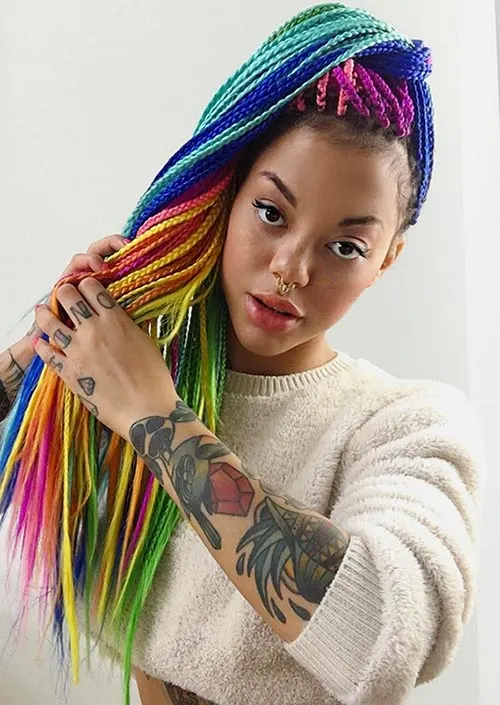 Rainbow color hair jumbo box braids cut