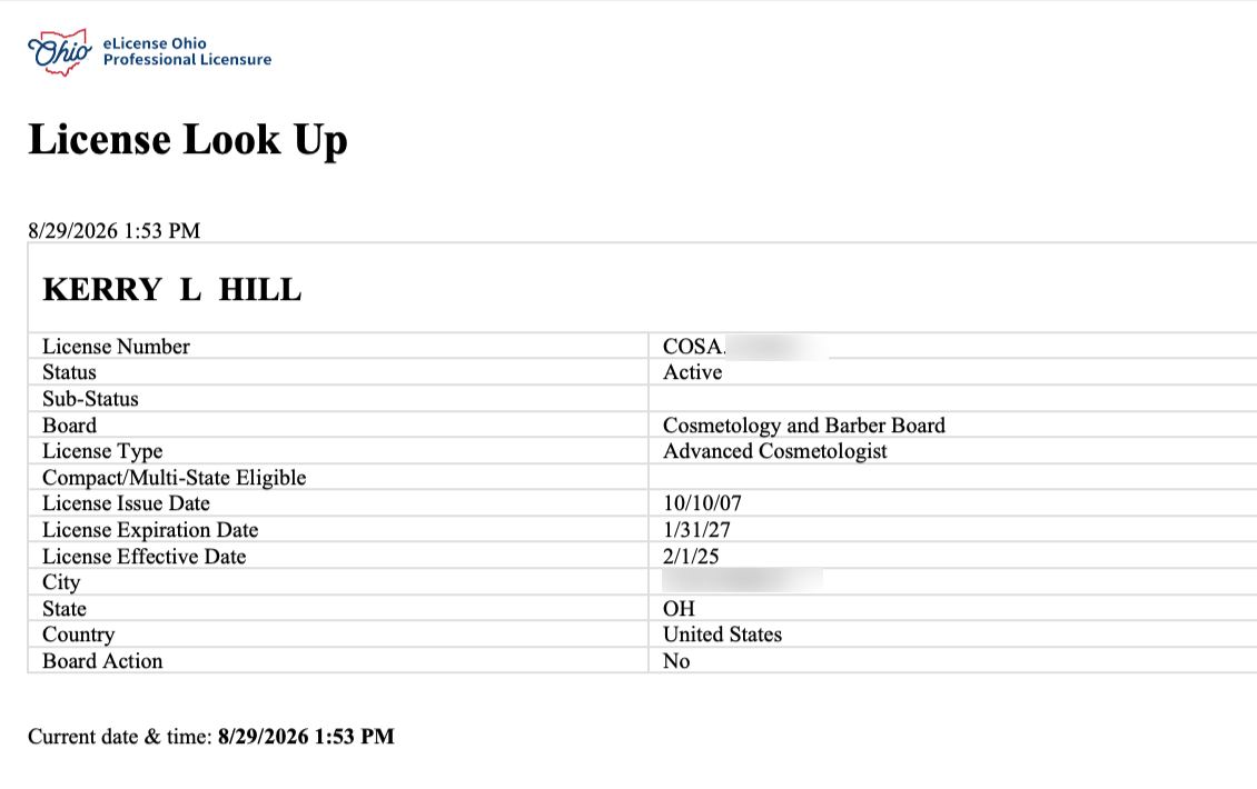 Ohio eLicense lookup for Kerry L Hill, advanced cosmetologist, status Active, expires January 31, 2027