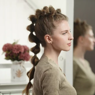 Laced bubble braid tutorial: side view of the finished ribbon-laced bubble braid ponytail
