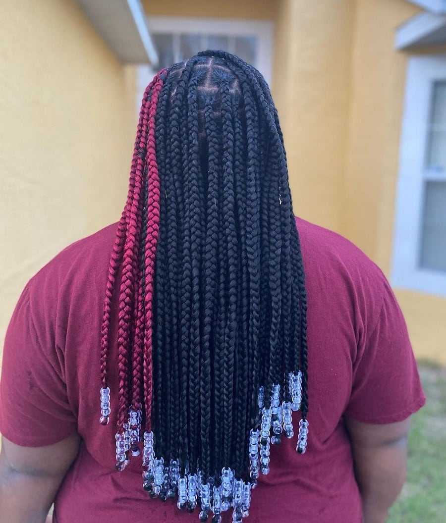 large black and red knotless braids with beads