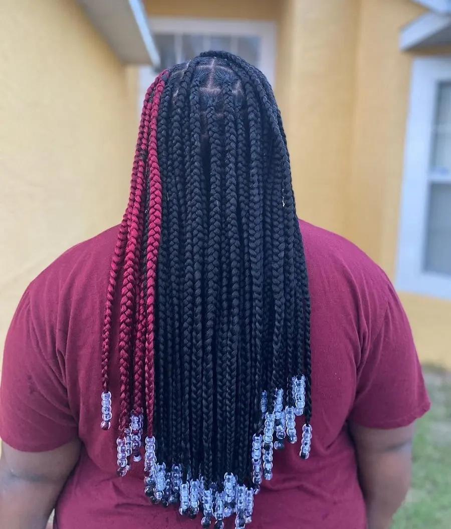 Big black and red knotless braids with beads