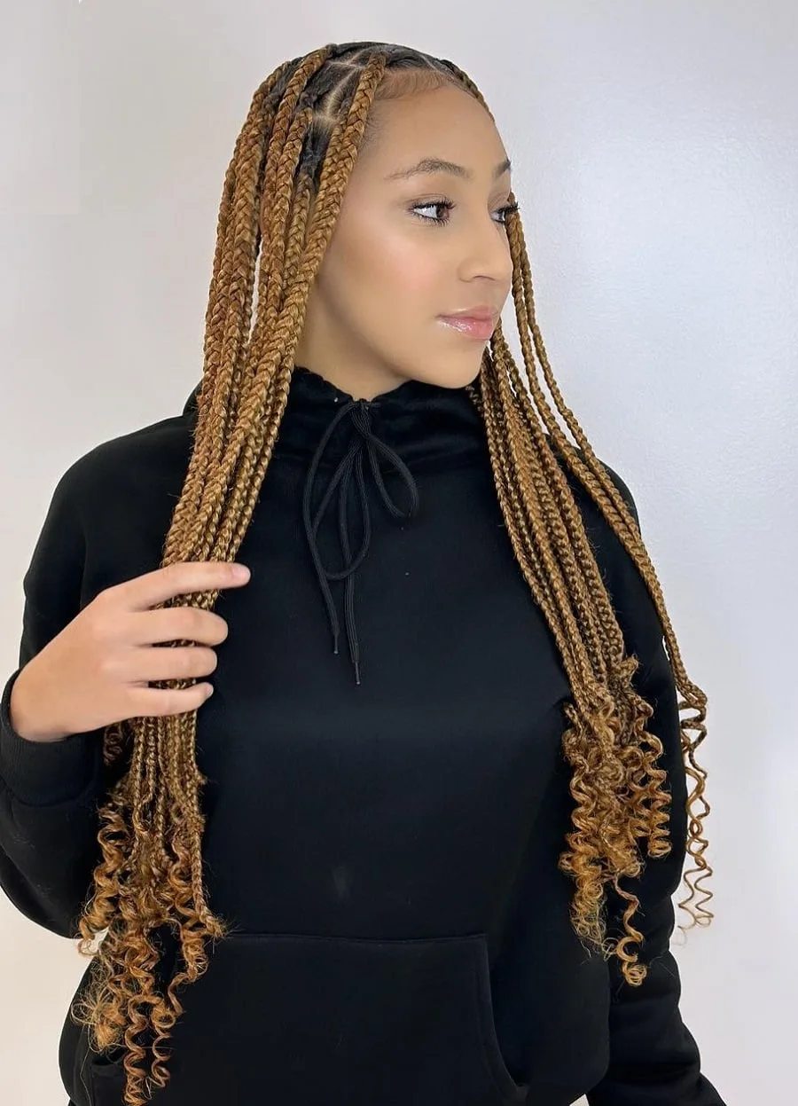 Big knotless braids with curly ends
