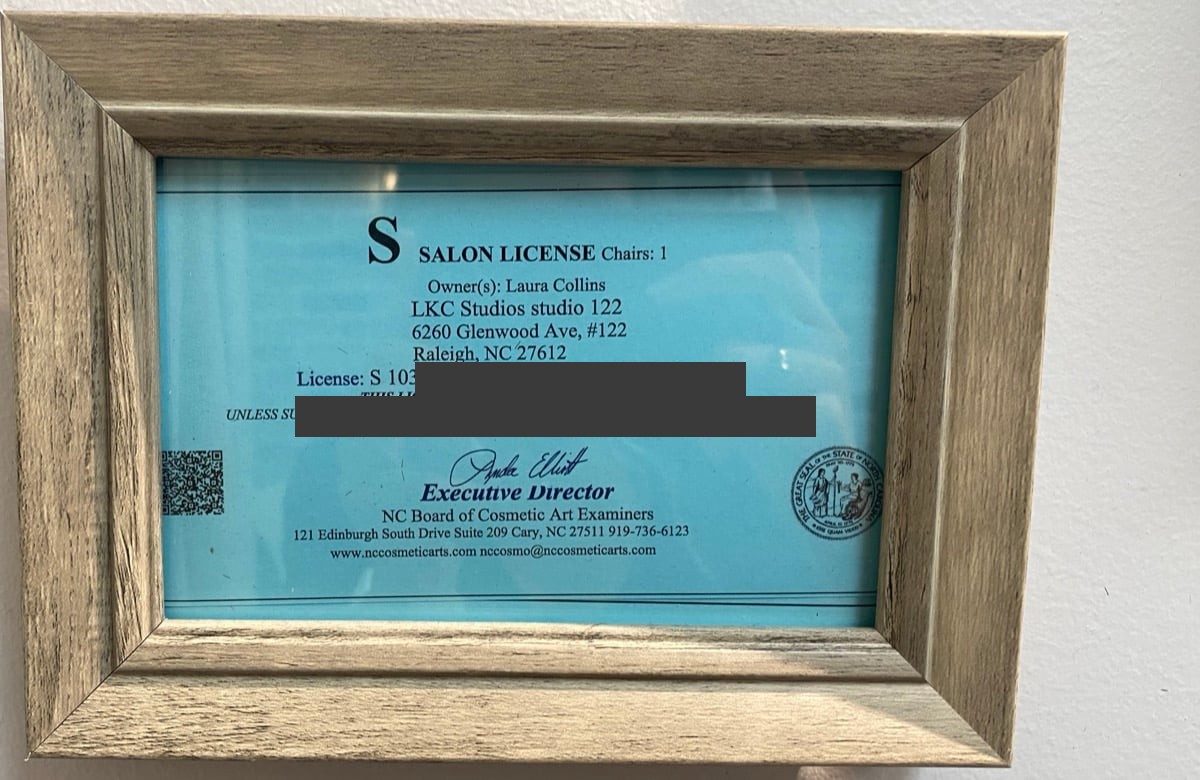 North Carolina salon license for LKC Studios, owned by Laura Collins