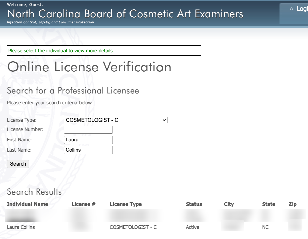 North Carolina Board of Cosmetic Art Examiners online license verification for Laura Collins, cosmetologist, status Active