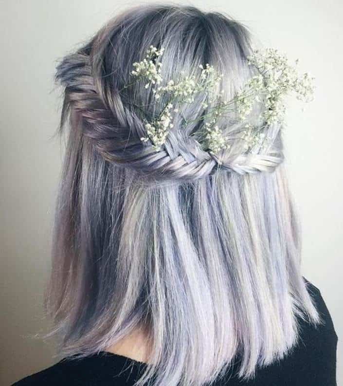 fishtail braid on lavender grey hair