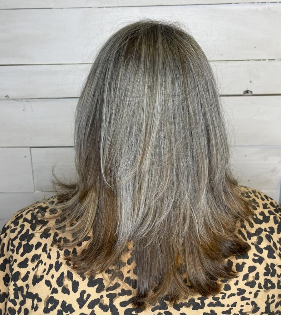 Layered gray hair with dark highlights