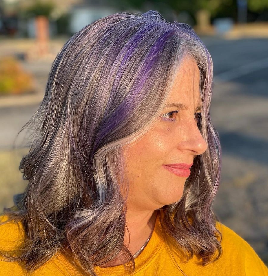 layered gray hair with lavender highlights
