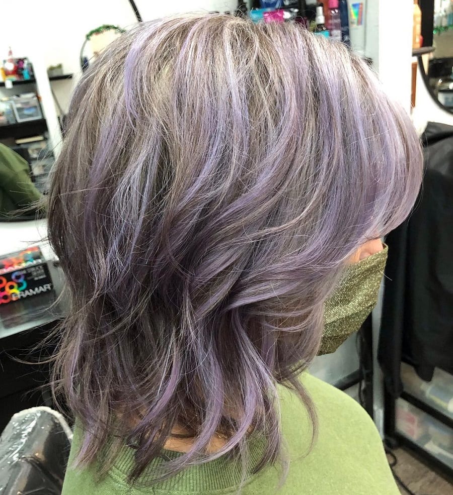 layered gray hair with pastel purple highlights