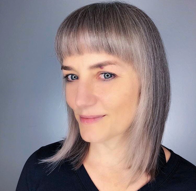 layered grey hair with bangs