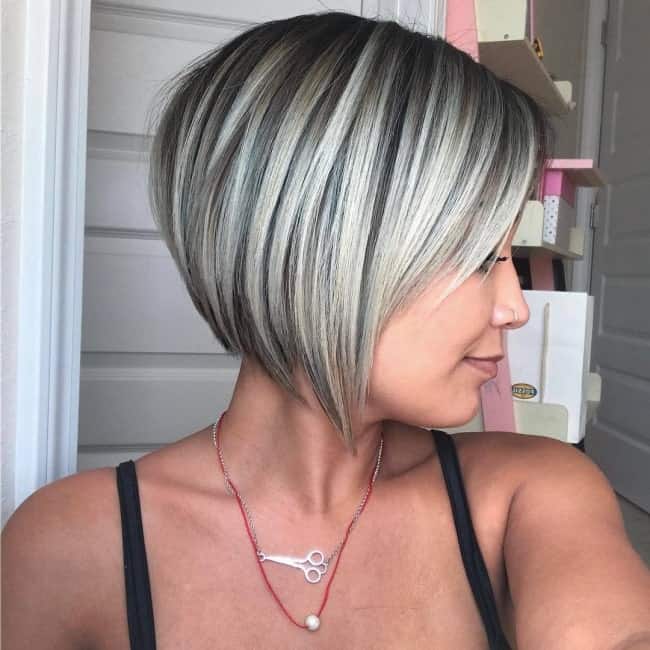 layered inverted bob on silver blonde hair