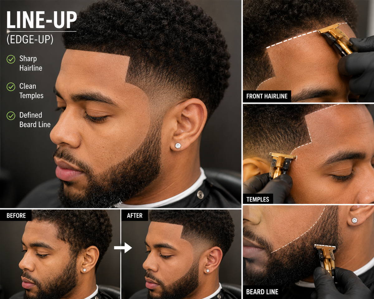 Barber creating a line-up, also called an edge-up, with trimmers along the front hairline, temples, and beard line