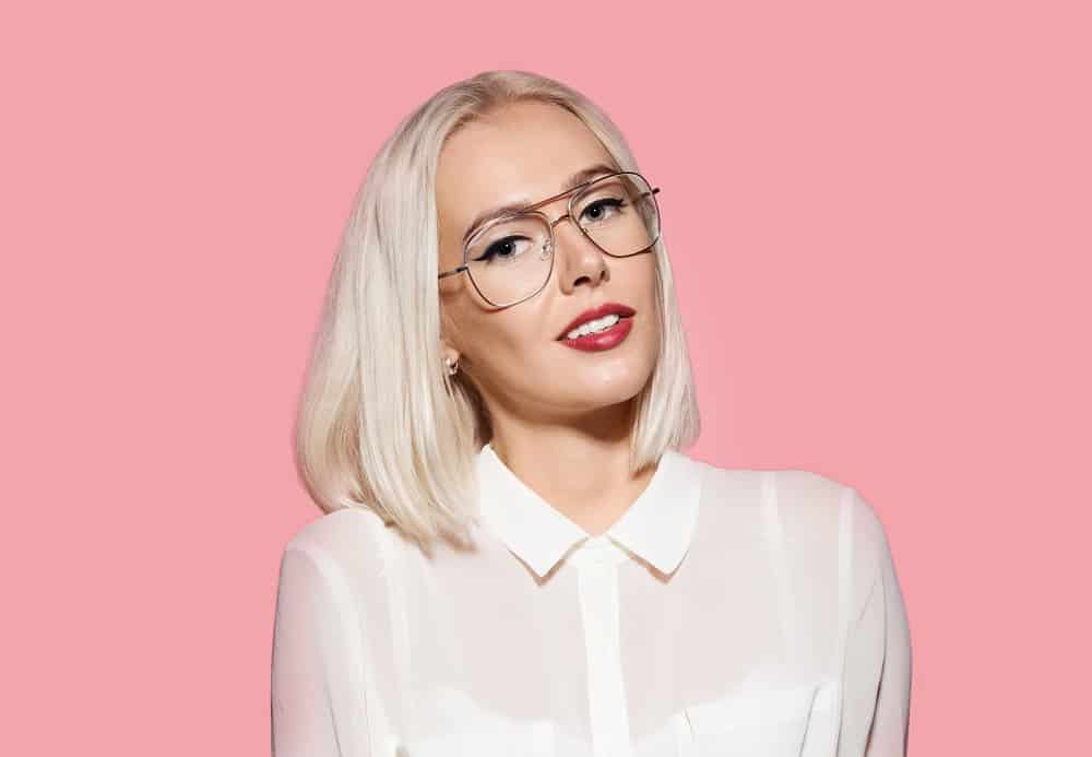 long angled bob for girls with glasses