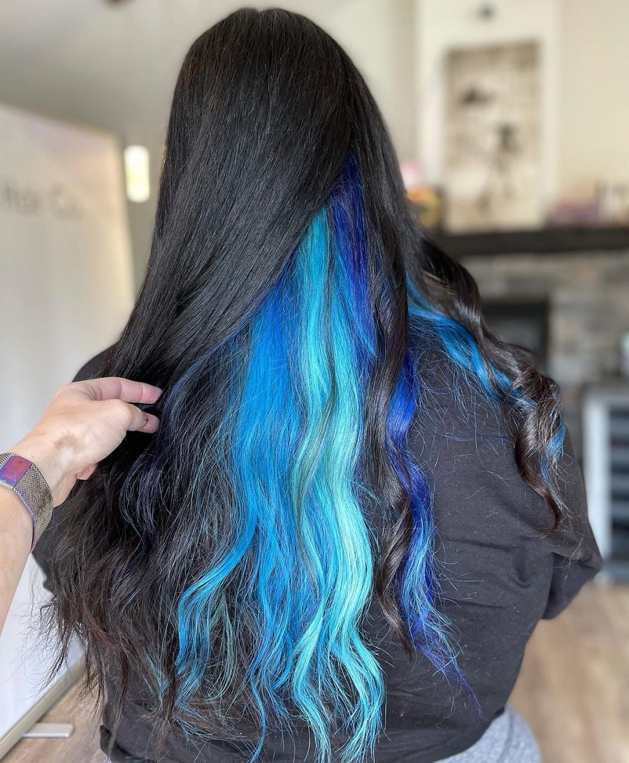 Long black hair with blue underneath