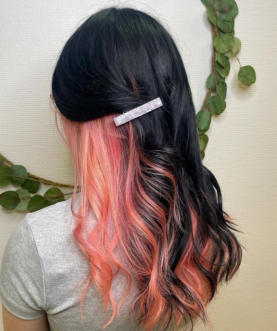 Long black hair with pink underneath