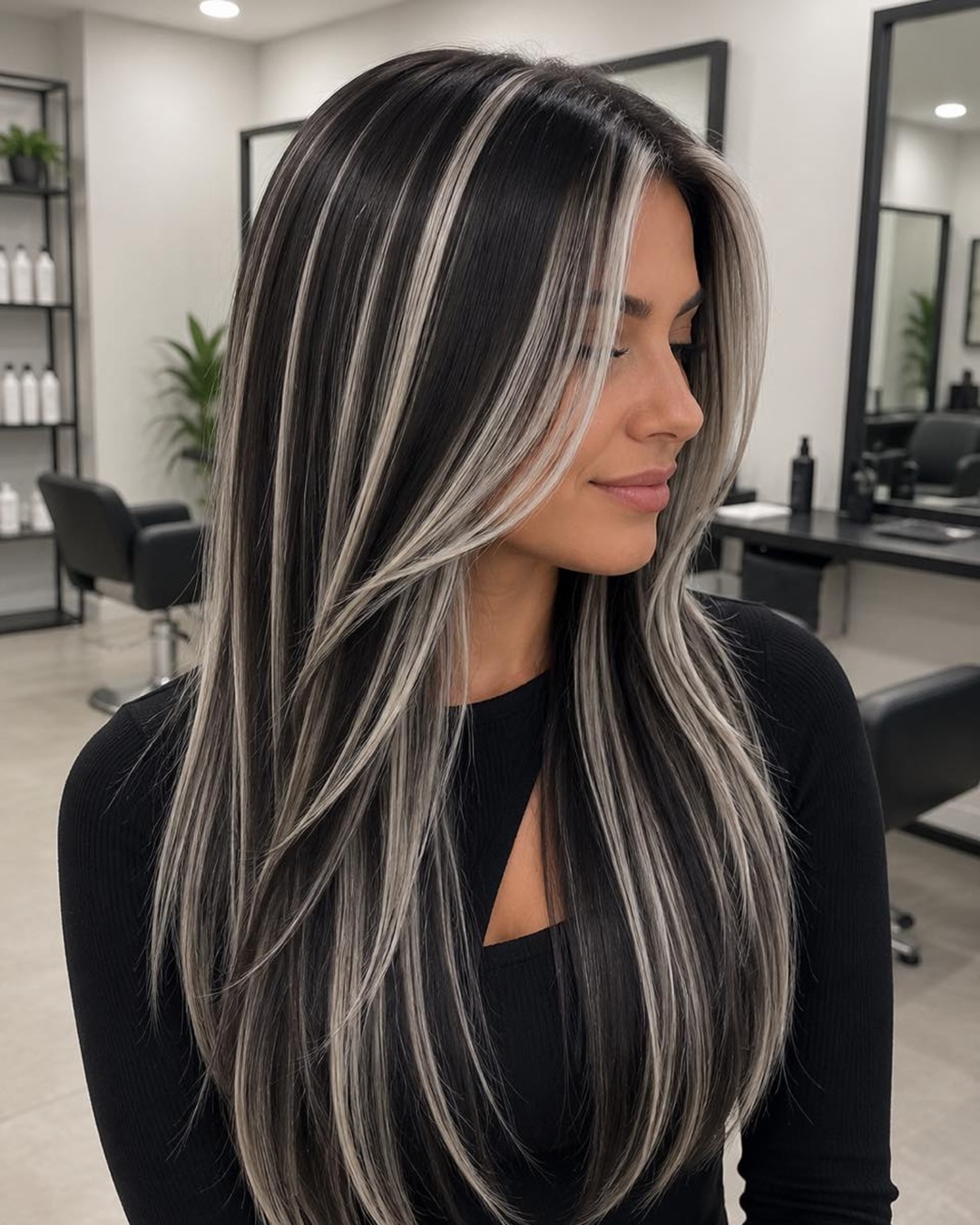 Woman with long straight jet black hair with blonde highlights featuring icy platinum ribbon streaks and face-framing pieces