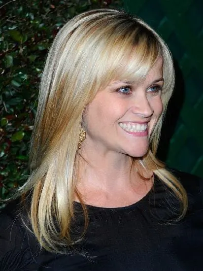 Side-swept Bangs with long blonde hair