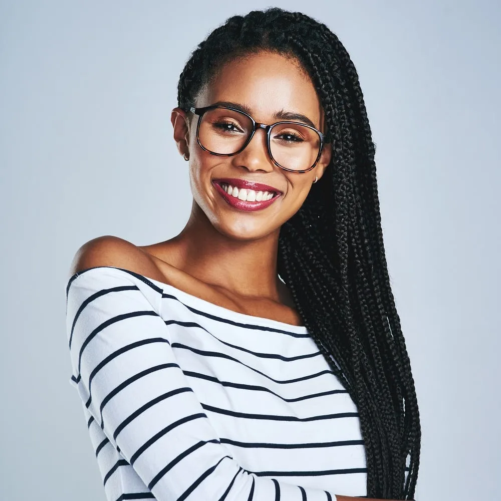 long box braids with glasses