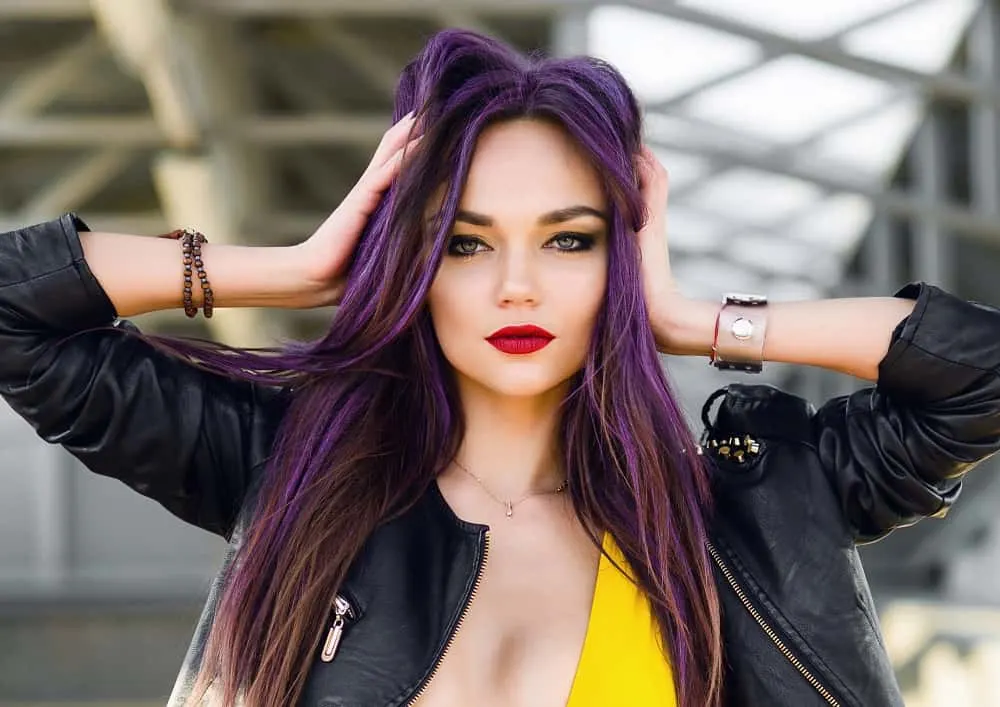 long brown hair with purple highlights