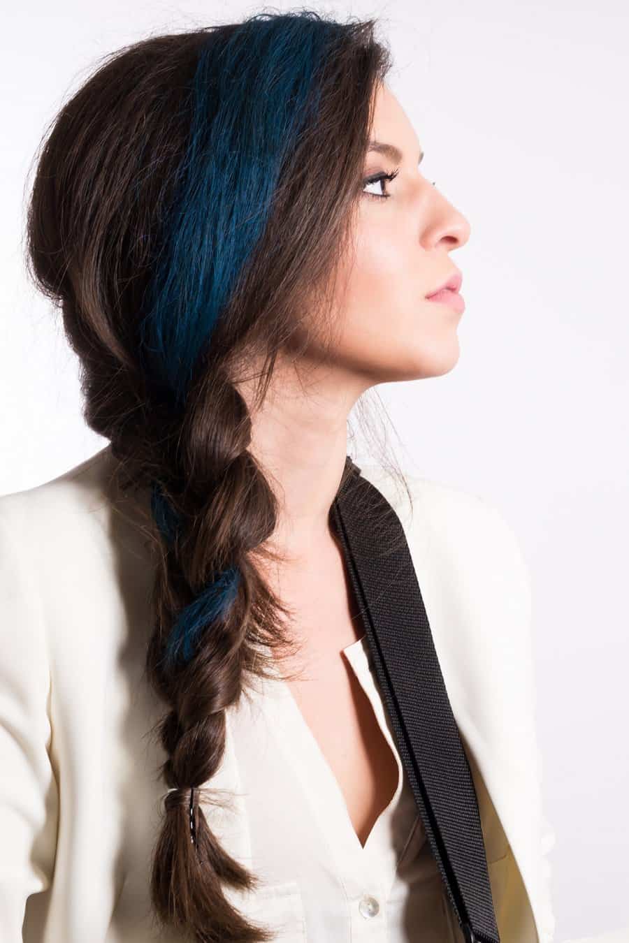 long brunette hair with blue highlights