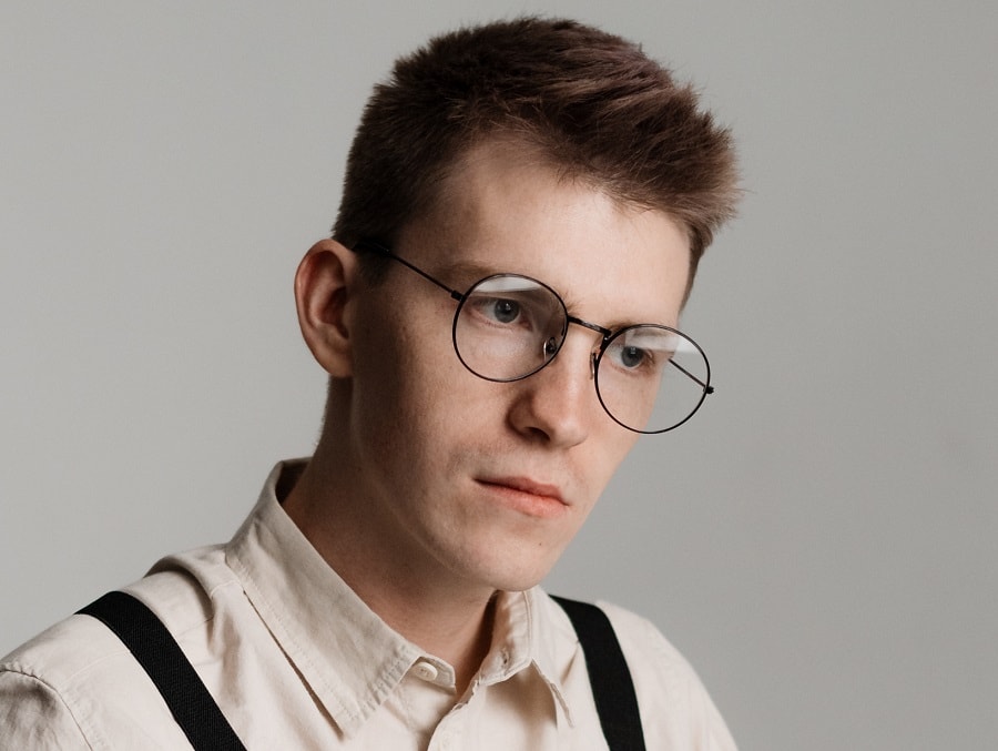 long crew cut with glasses