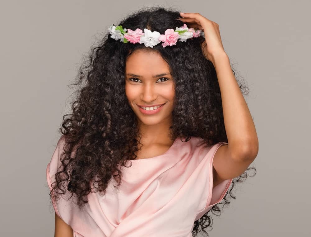 long curls with floral headband