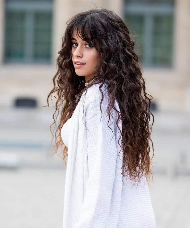 long curly hair with bangs