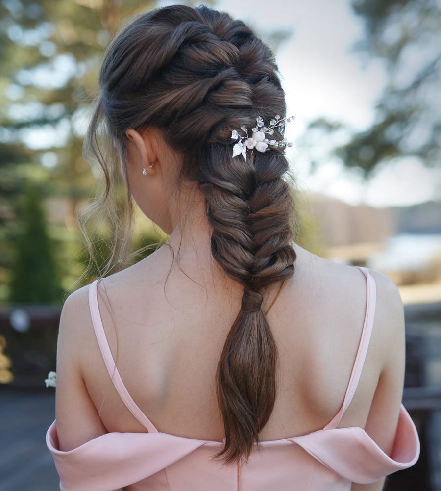Long French braid hairstyle for a bridesmaid